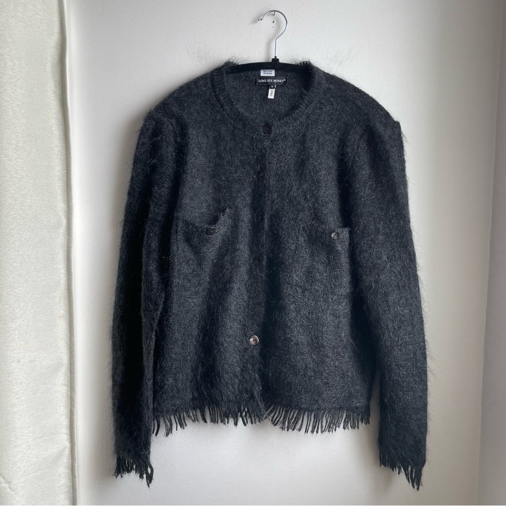 Kid Mohair/Wool-Black sweater/Cardigan-Button-up w/Fringe-Size S